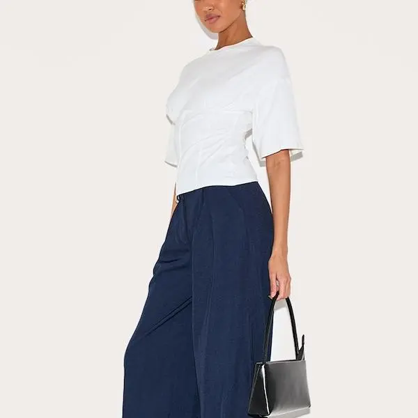 Custom women White Ruched Bust Detail Fitted T Shirt.jpg