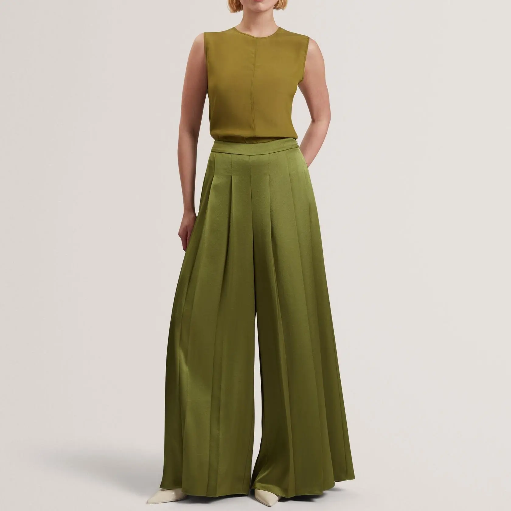 Custom Satin Box Pleat Wide Leg Trousers