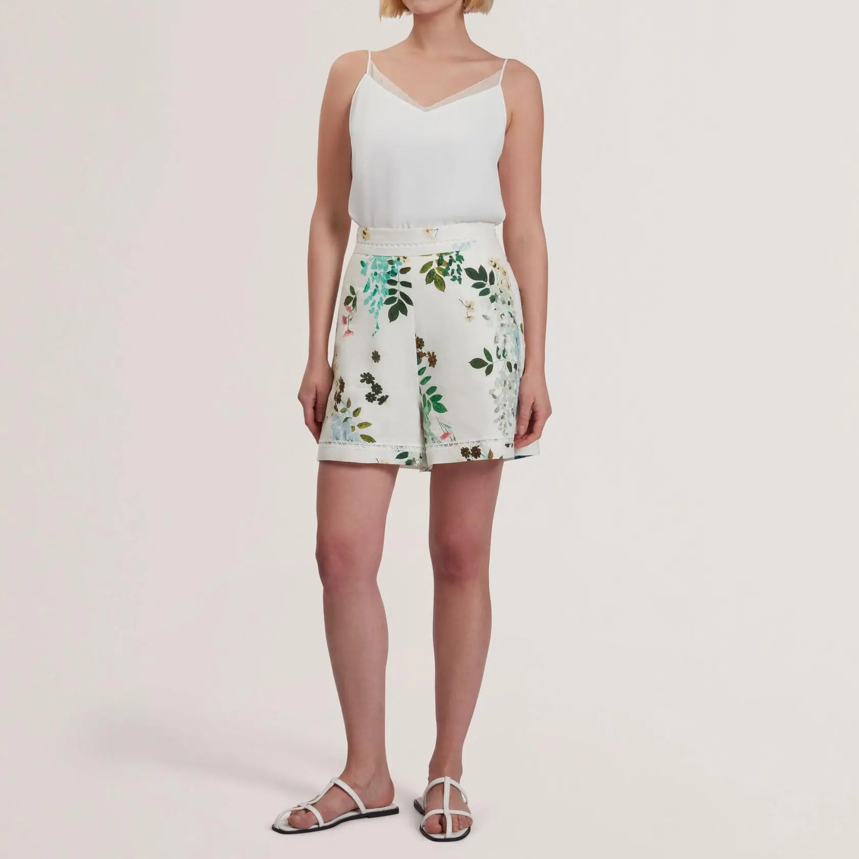 Custom Floral High Waist Linen Shorts With Trim Detail