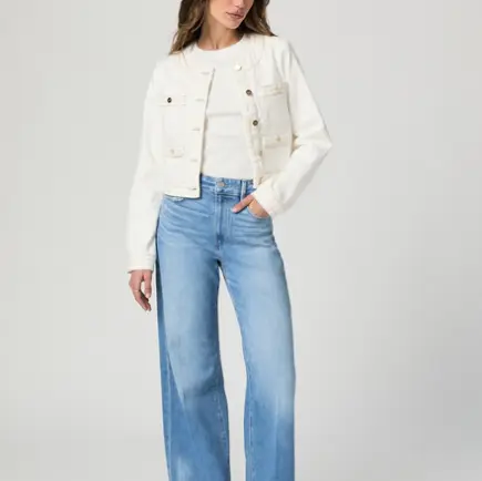 White Cropped Denim Jacket with Contrast Stitching