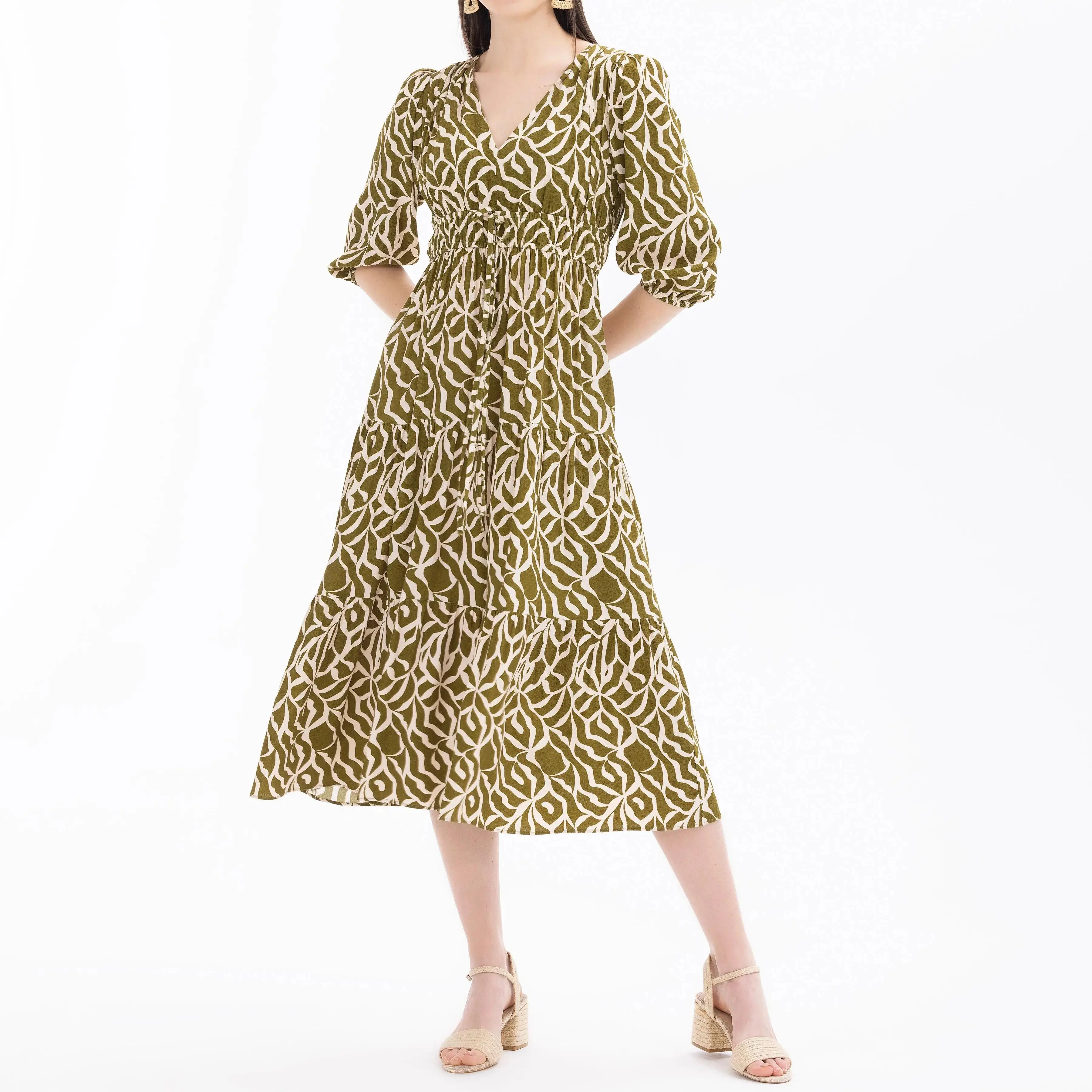 custom v-neck patterned dress with drawstring waist