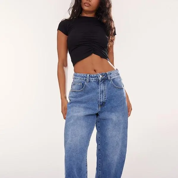 Custom ladies Black Modal Cotton Ruched Front Crop T Shirt.jpg