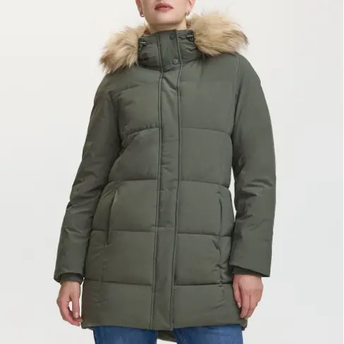 Olive Green Down Coat with Detachable Fur - Trimmed Hood