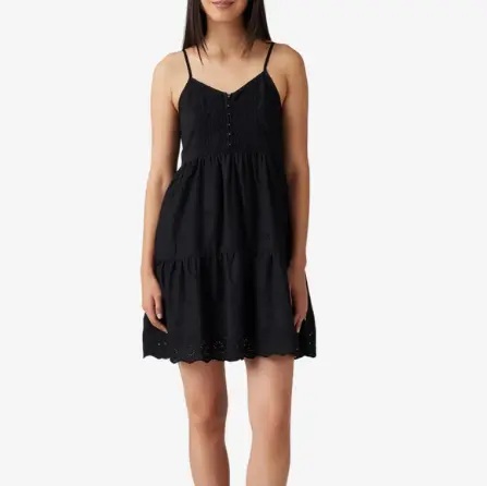 Factory Custom Black Spaghetti Strap Mini Dress with Embroidery and Eyelet Detailing