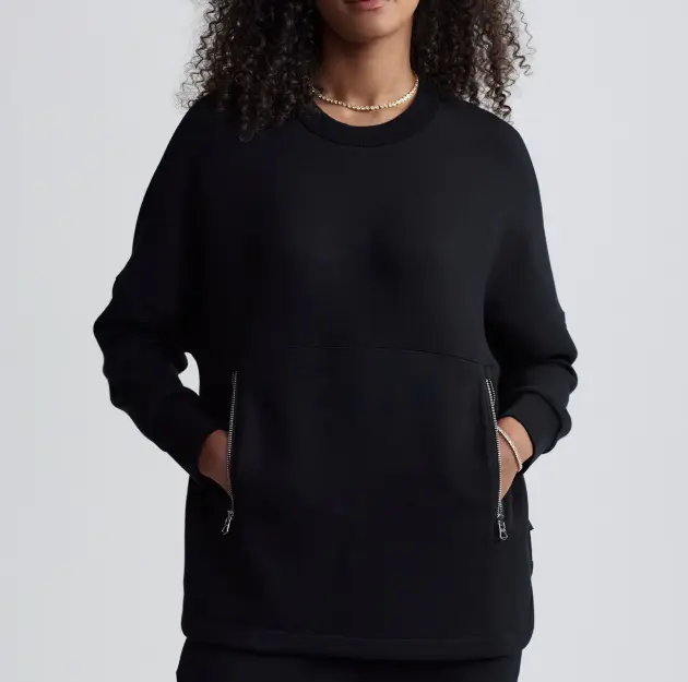 Black Crew - Neck Sweatshirt with Zipper Pockets