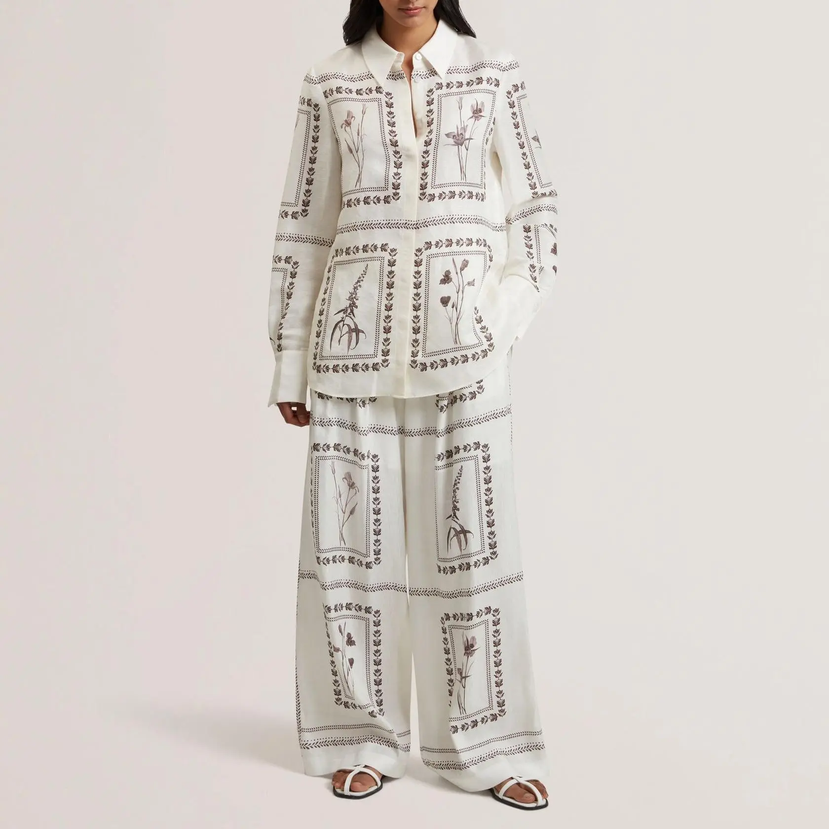Custom Panel Print Silk Linen Wide Leg Trousers