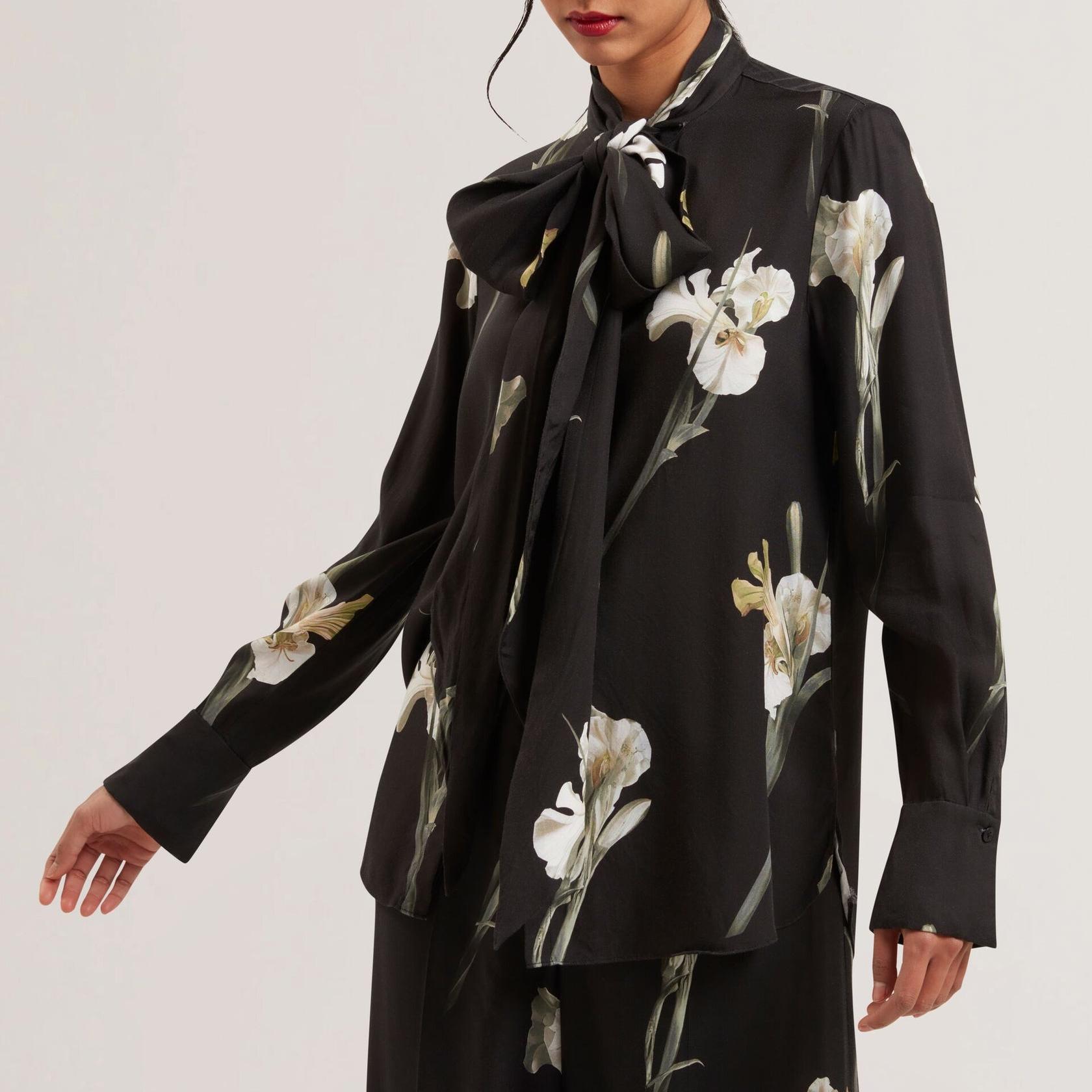 Custom Tie Neck Floral Print Long Sleeve Blouse