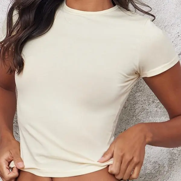 Custom Cream Basic Cotton Blend Fitted Crew Neck T Shirt for women.jpg