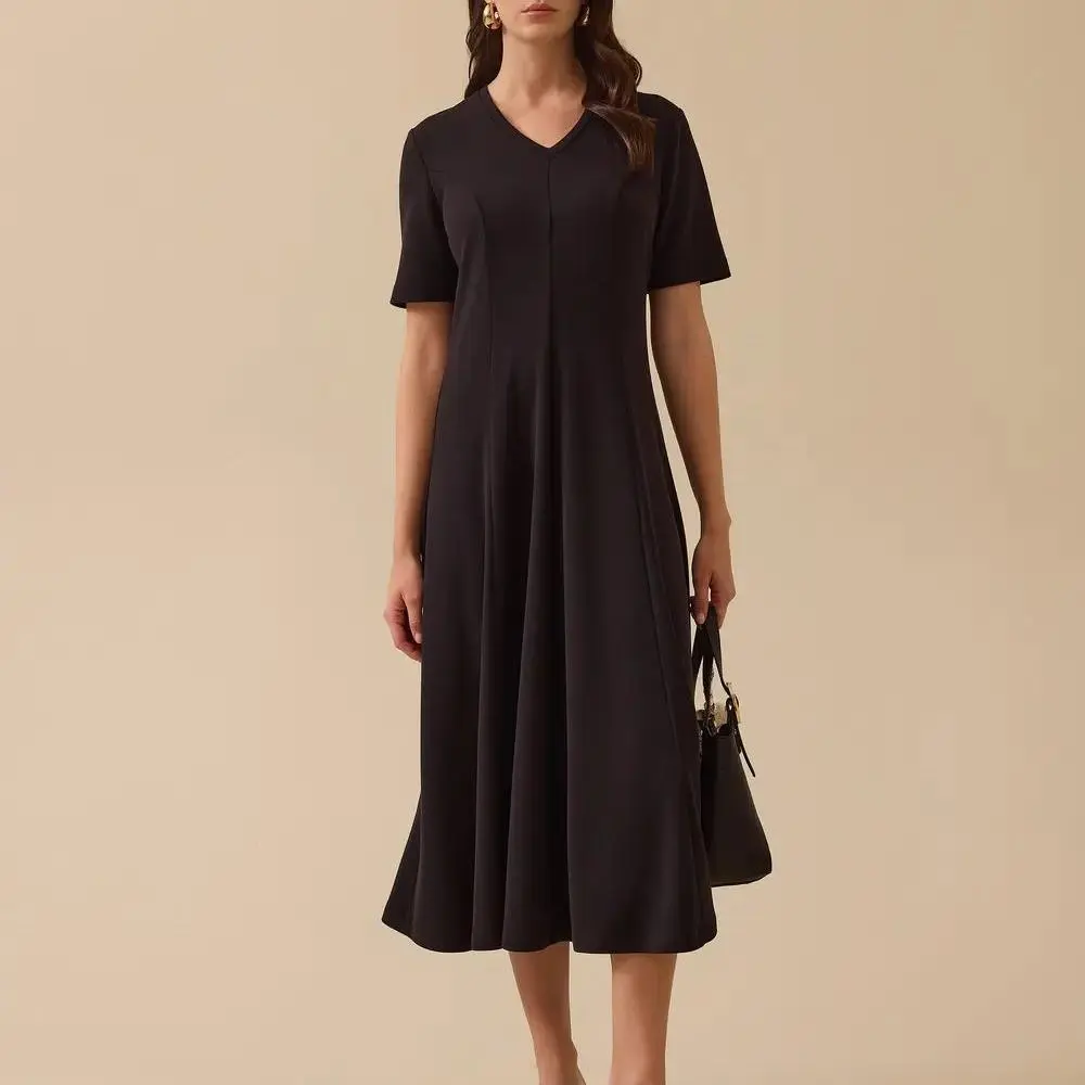 factory custom v neck flared cut dress