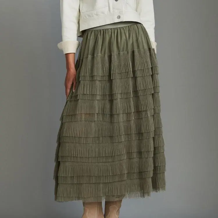Custom Green Mesh Tulle Midi Skirt