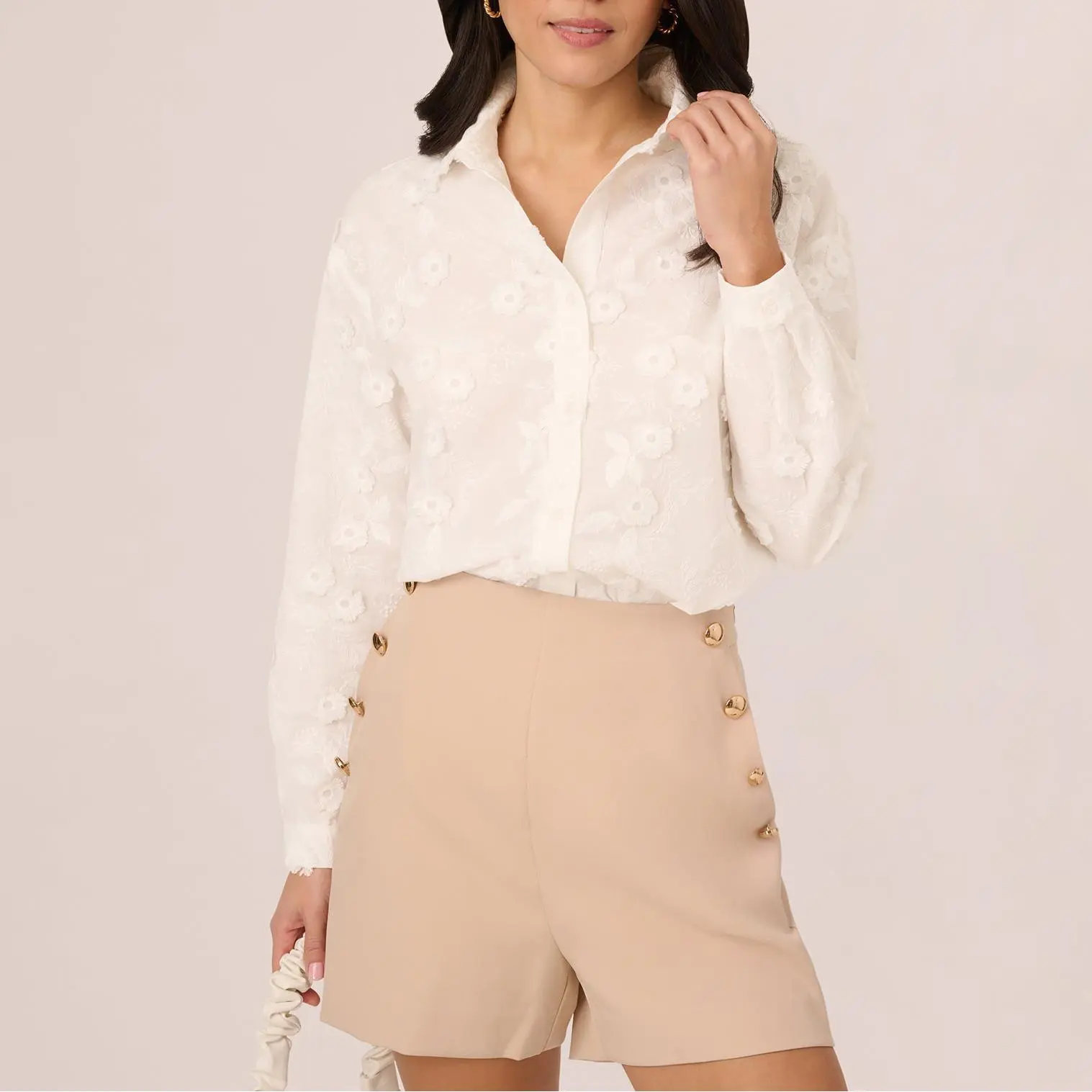 Custom Sheer Cotton Floral Button Front Blouse Tops
