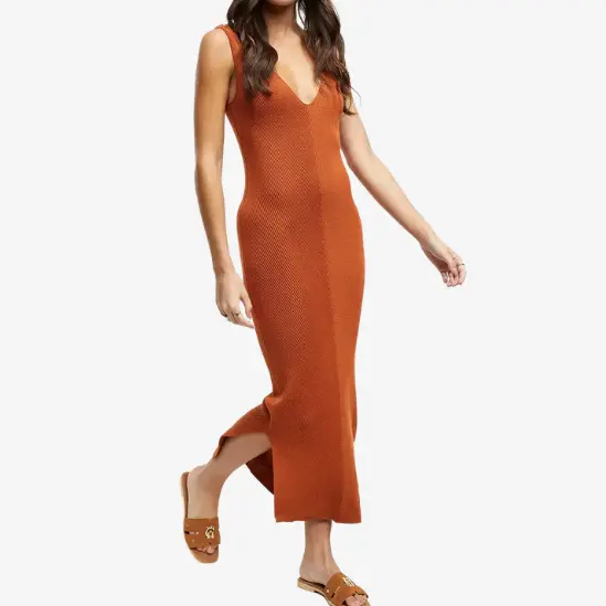 Factory Custom Rust - Colored Sleeveless V - Neck Knit Midi Dress with Side Slit