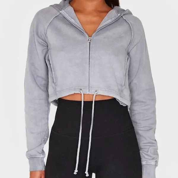 Factory custom Ice Grey Washed Exposed Seam women Cropped Drawstring Hoodie