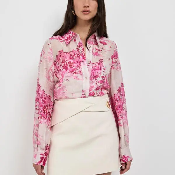 Factory custom linen floral printing  pink blouse women